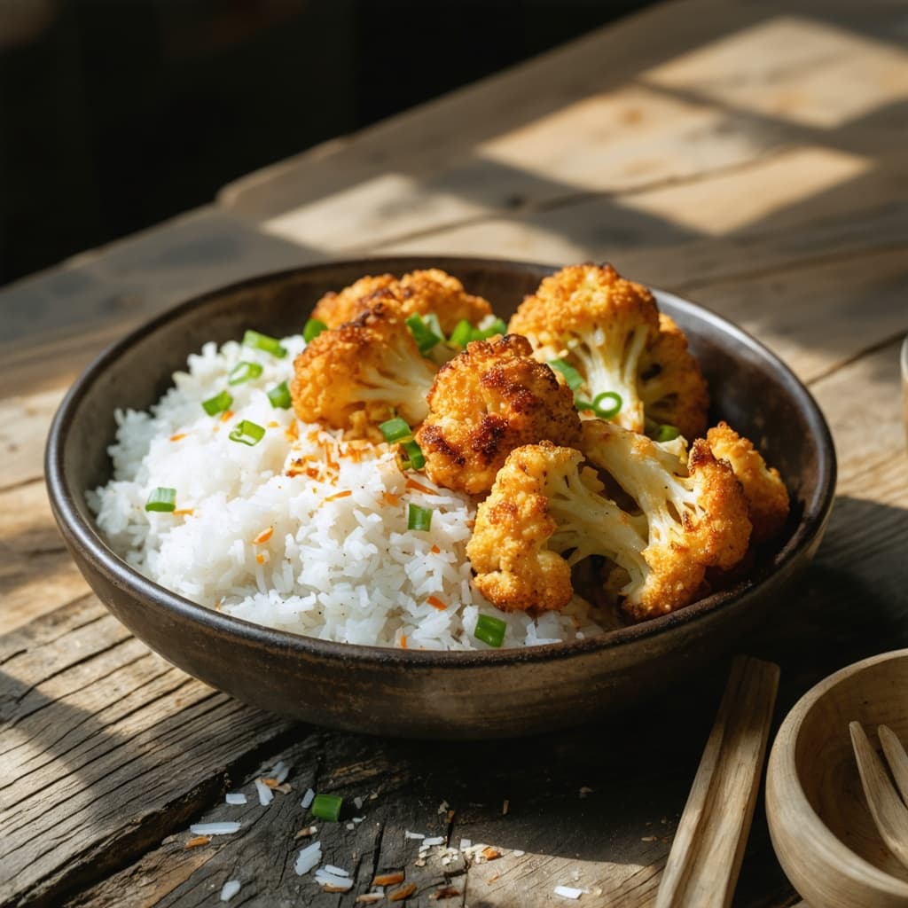 Jerk-style cauliflower with coconut rice