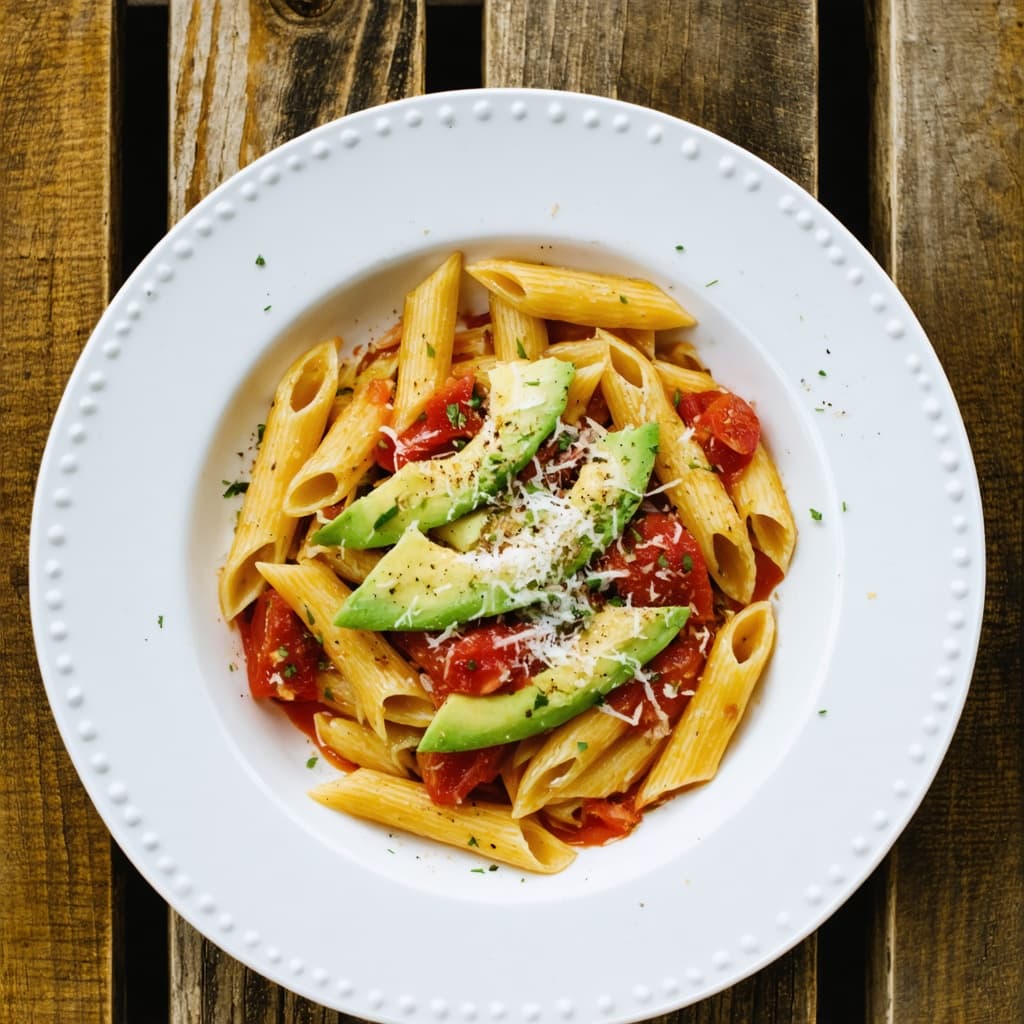 Tomato penne with avocado