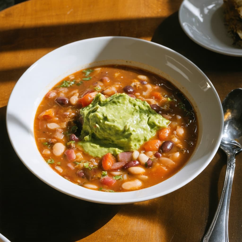 Mexican bean soup with guacamole