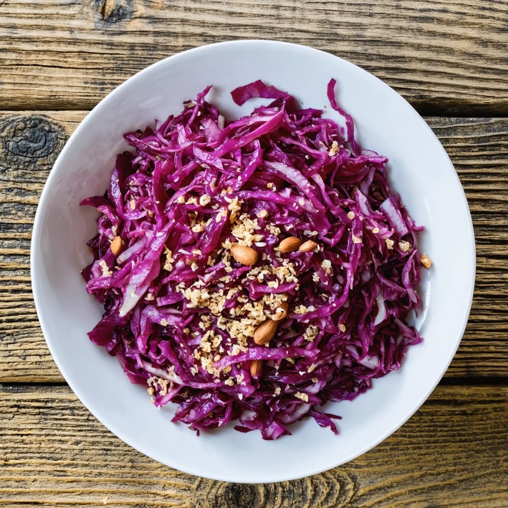 Roasted harissa red cabbage with coriander & almond bulgur