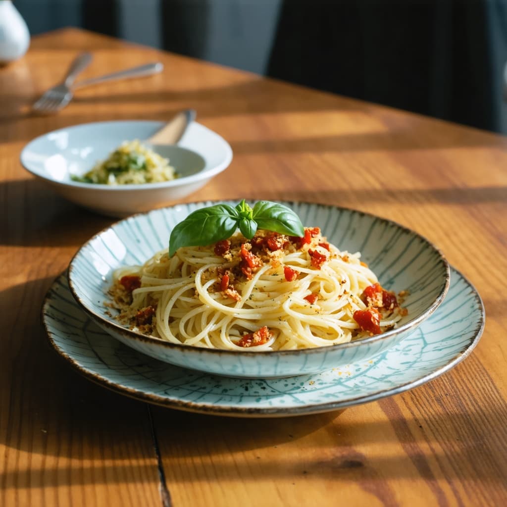 Aglio e olio with sundried tomato breadcrumbs