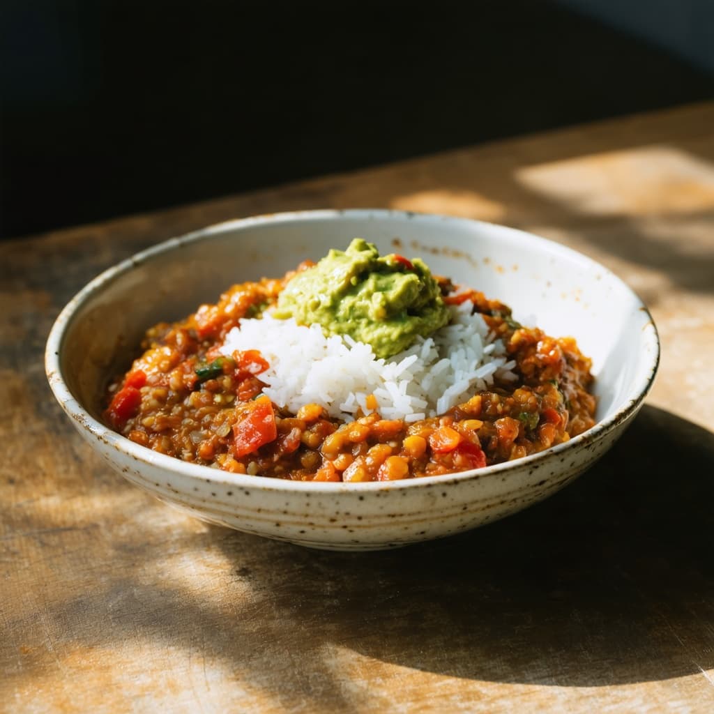 Spicy red lentil chilli with guacamole & rice