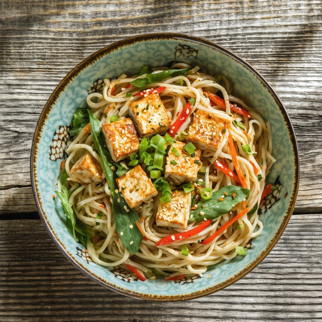 Spicy tofu tahini noodle salad