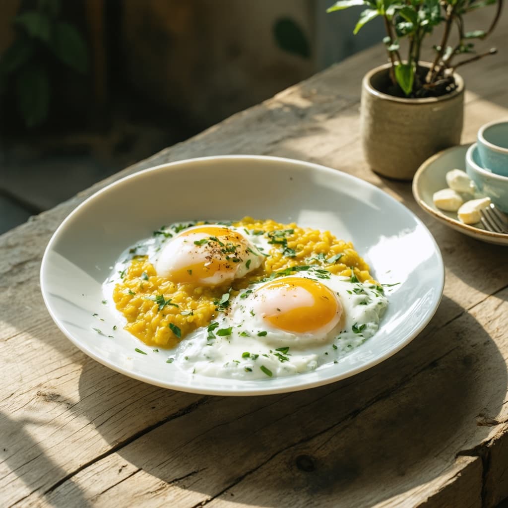 Dhal poached eggs with herby raita